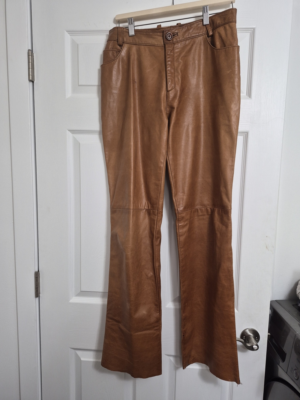 Women's Real Leather Flare Pants - Caramel Brown